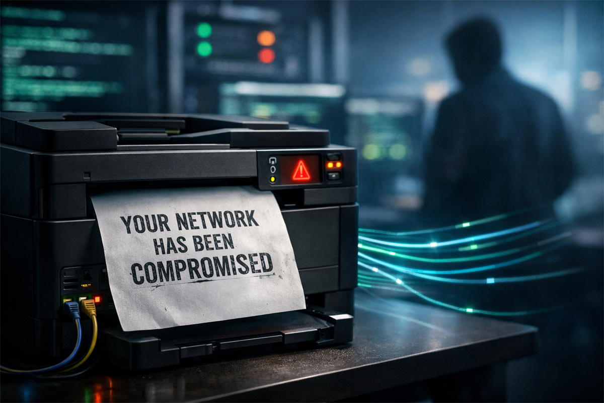 A printer prints a warning about a compromised network