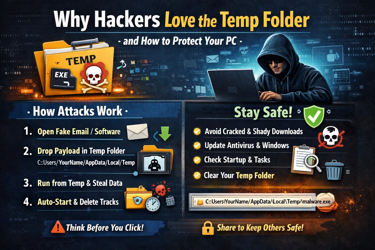 Visual summary of temp-folder attack flow and defensive habits
